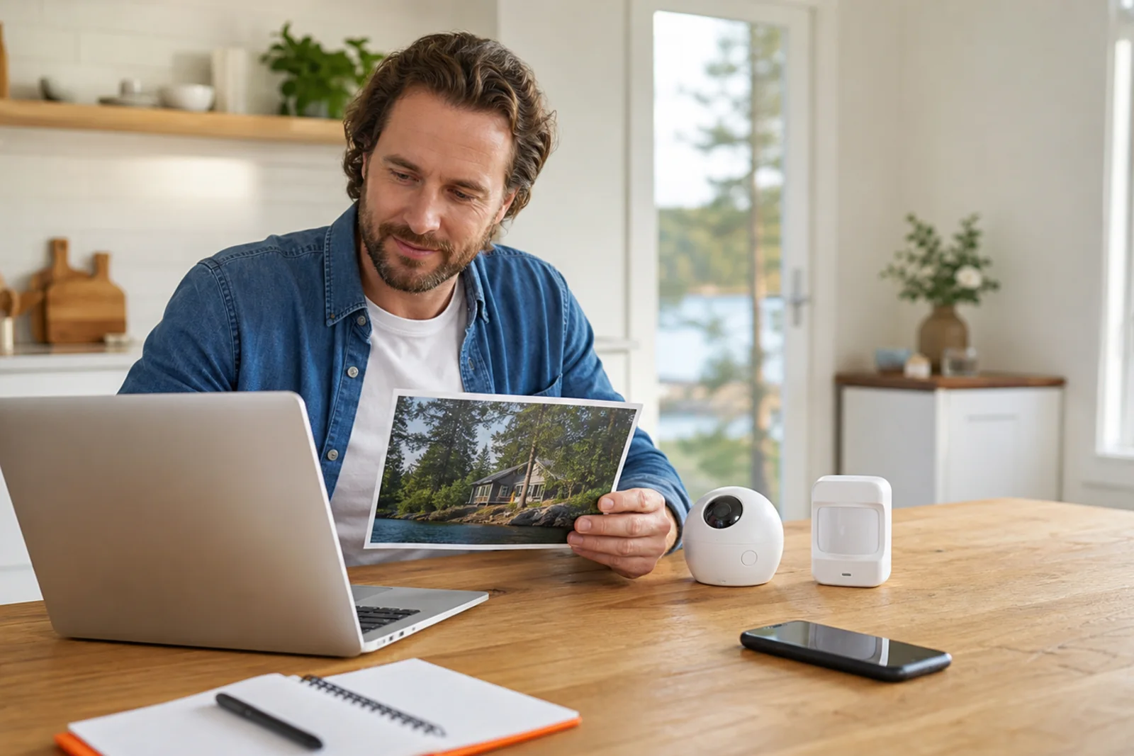 Vacation-home owner using AI guidance to compare property sensors before buying