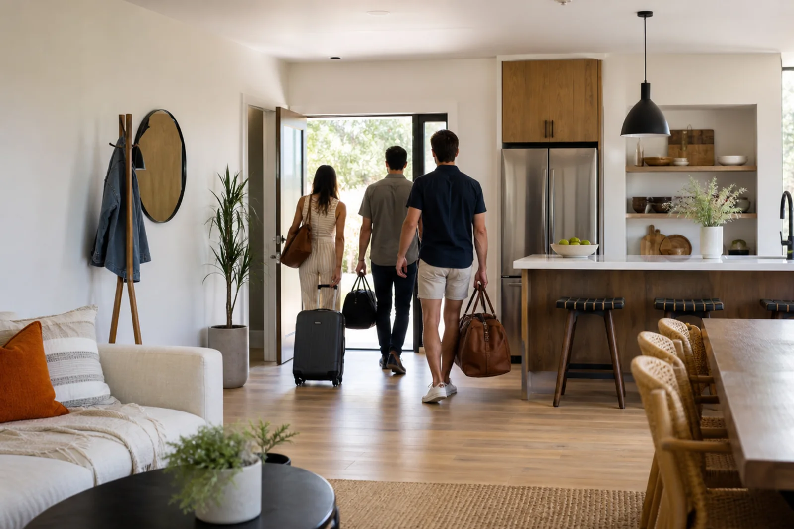 Adult guests entering a short-term rental with privacy-safe anonymous occupancy counting
