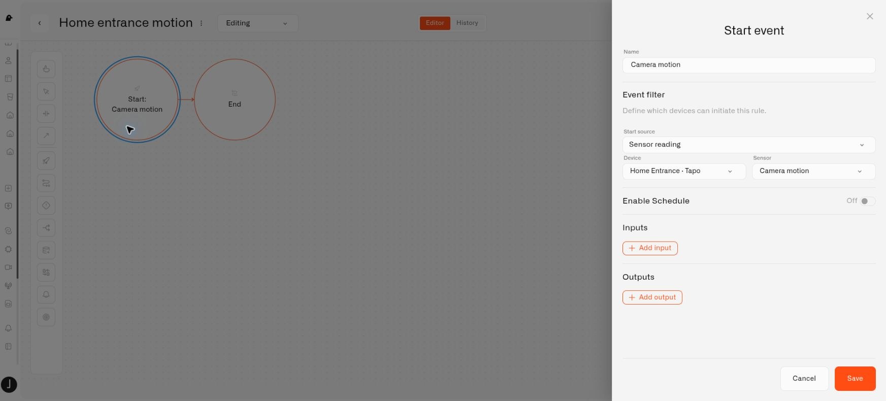 Selecting the Camera motion sensor in a Chirp rule