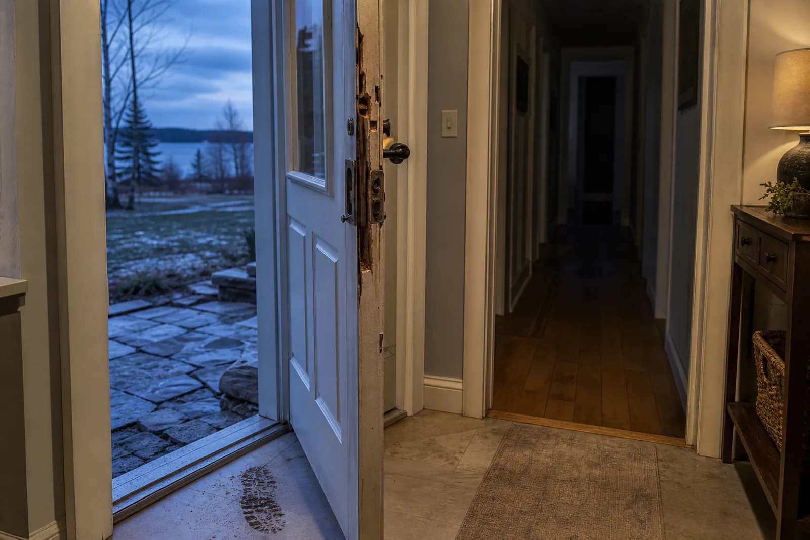 Forced-open door at an otherwise well-kept vacant home