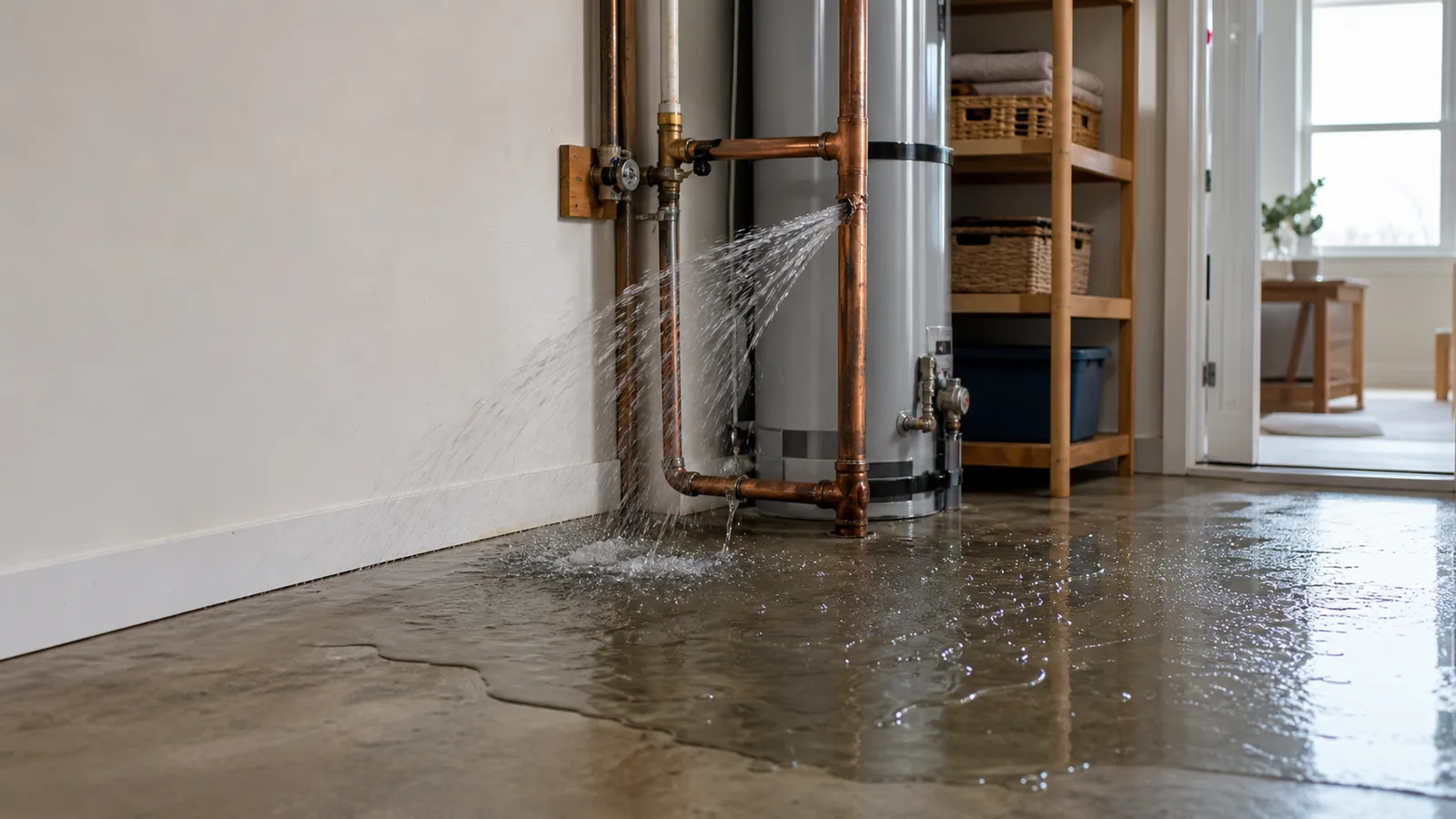 Burst indoor pipe flooding a residential utility room
