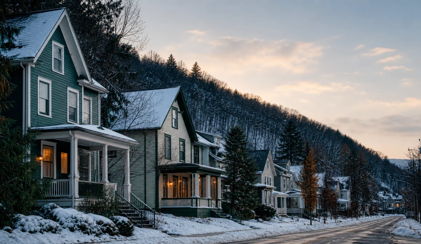 Student rental homes on a quiet Ithaca street during winter break