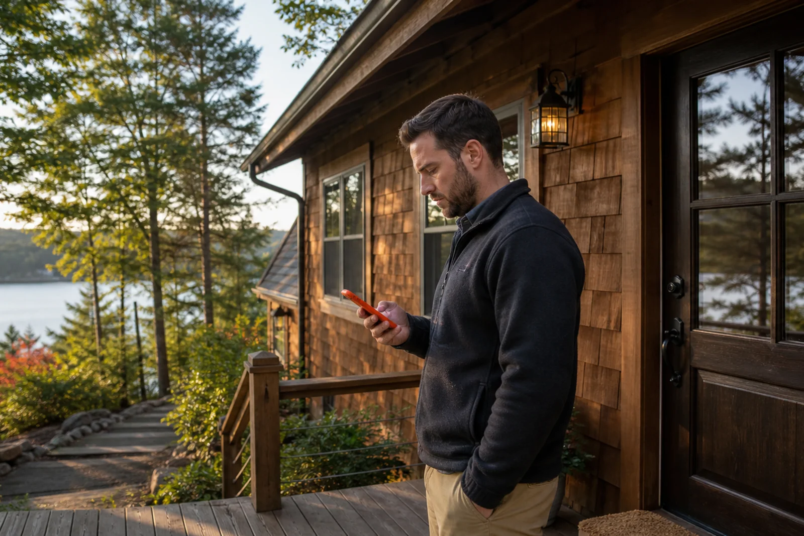 Trusted local helper checking a remote lake home after receiving an alert