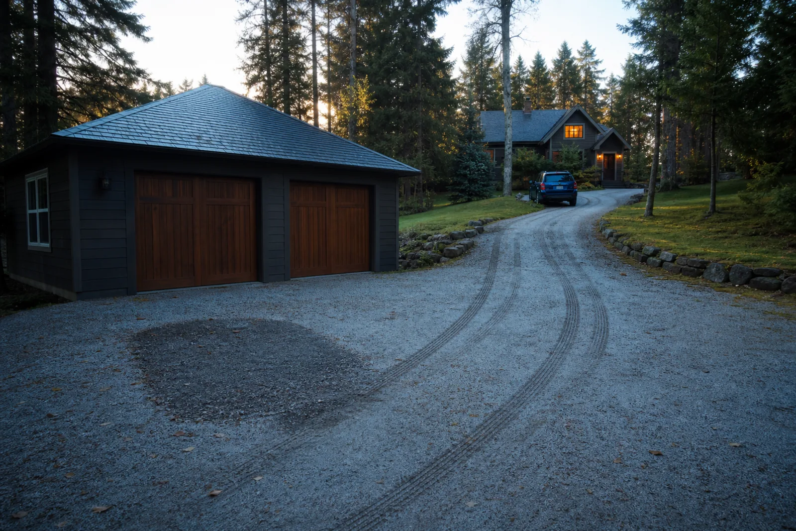 Fresh tire tracks leaving a remote-home driveway