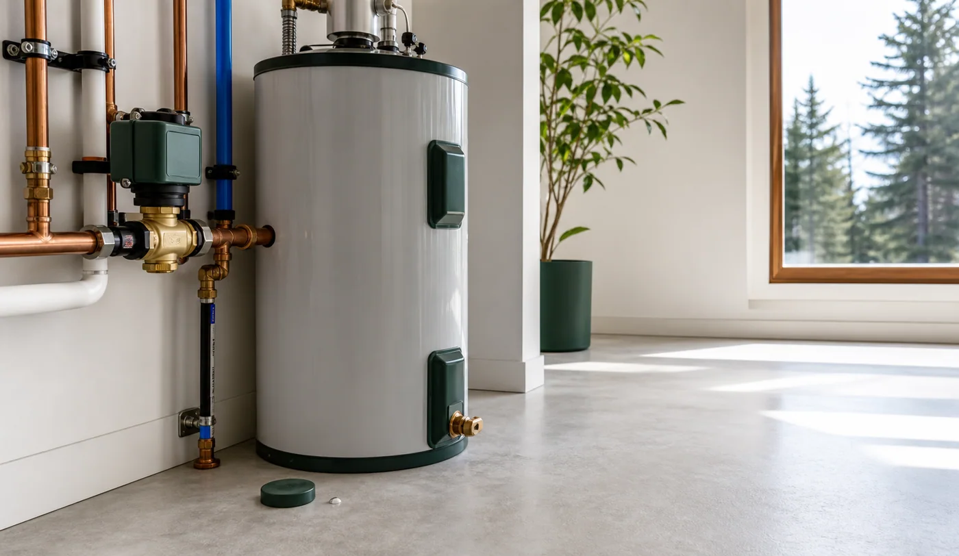 A clean utility room with a water shutoff valve and leak sensor